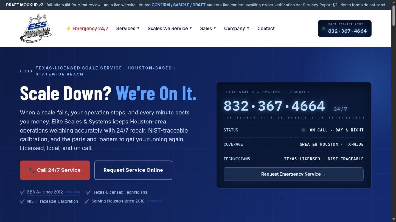 Elite Scales website prototype with an emergency service headline and dispatch contact panel