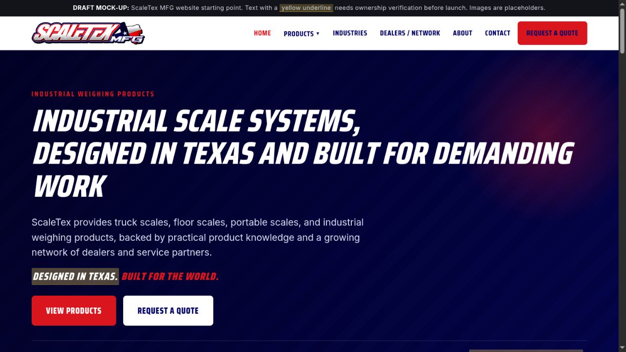 ScaleTex website prototype showing the expanded industrial weighing product positioning